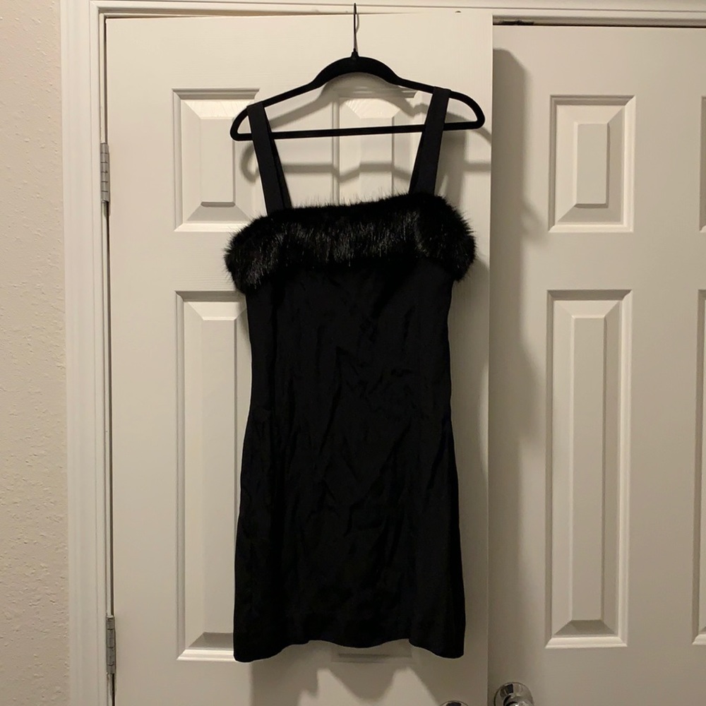 STAUD Black Faux Fur Trim Mini Dress